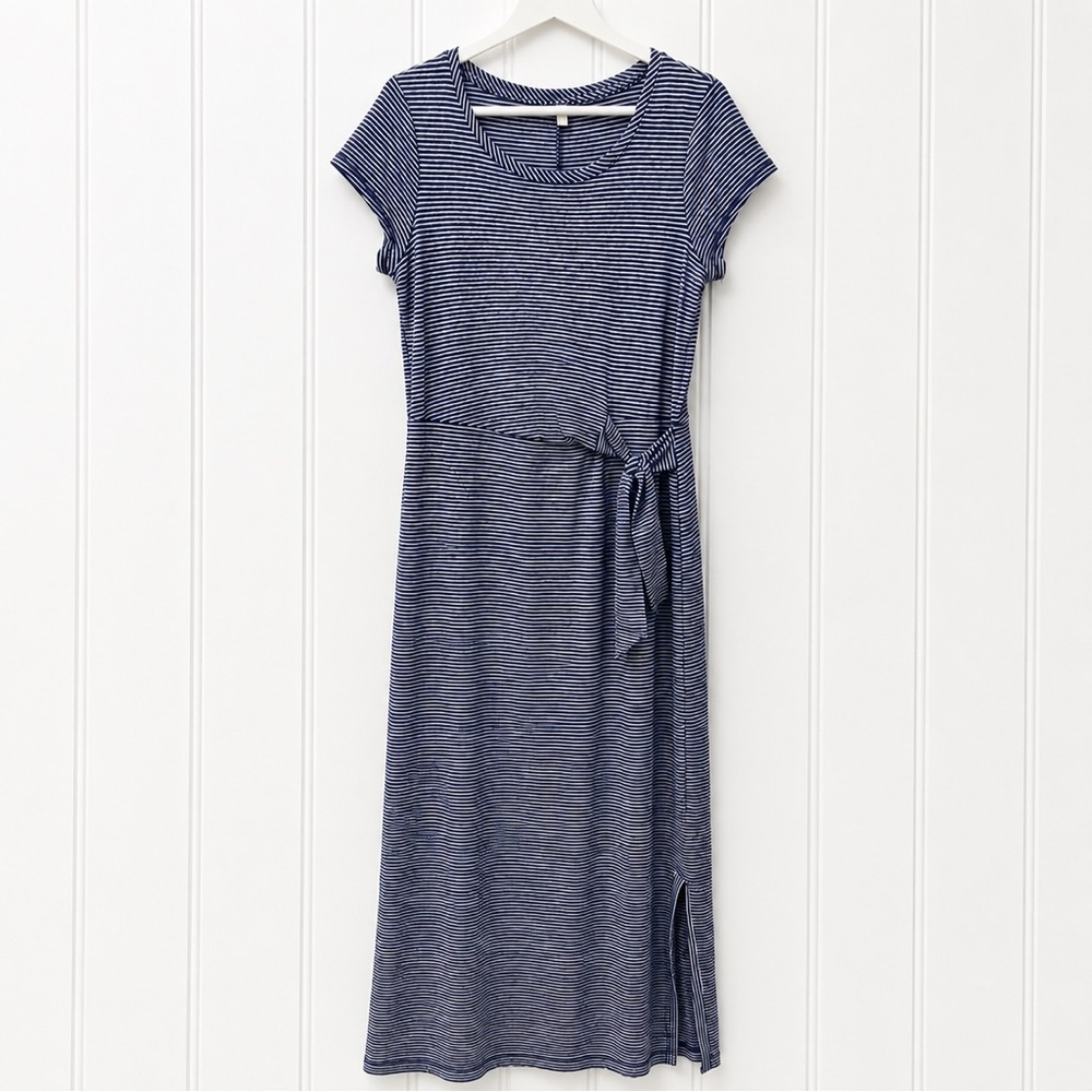 T by Talbots Tie Front Midi Dress Blue & White Stripes Small Nautical Pockets